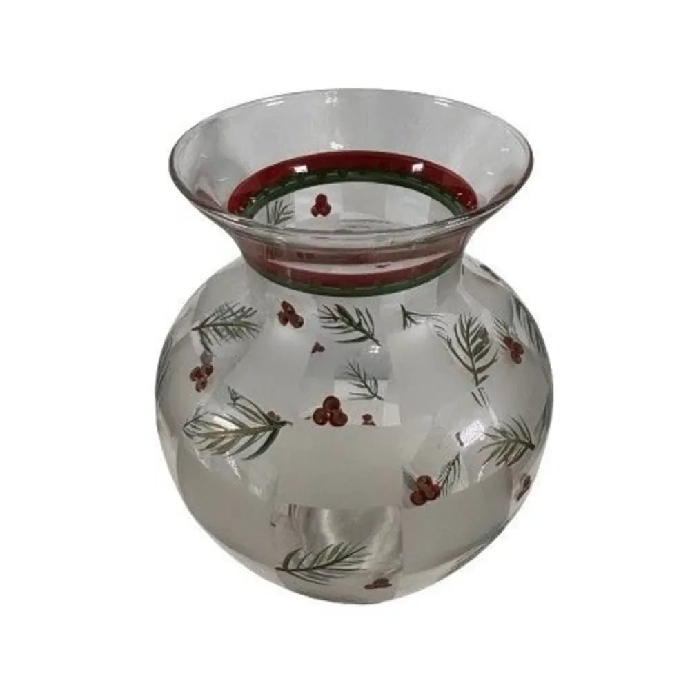 LG Glass Holly Berry & Pinecones Vase Hand Painted VTG Winter Holiday Christmas